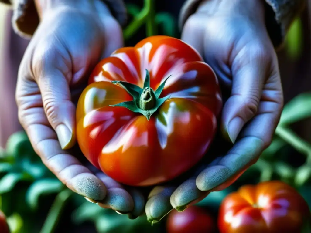 Manos amorosas sostienen un tomate heredado, resaltando la belleza de los productos orgánicos en la preservación de recetas históricas