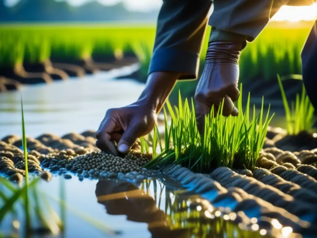 Manos ancestrales siembran arroz en campo al sol del Japón histórico, reflejando la importancia cultural de su historia