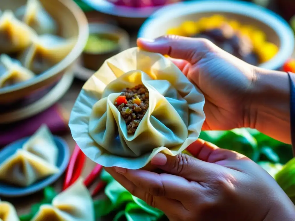 Las manos de una anciana asiática expertamente doblan envolturas de dumplings