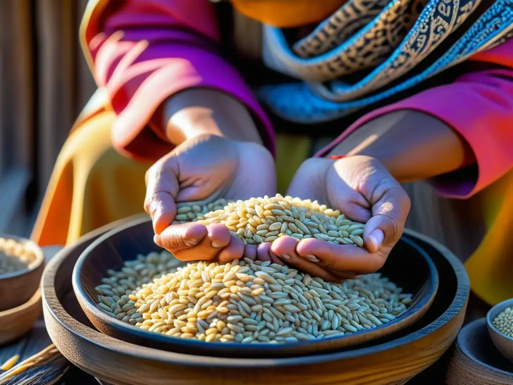 Manos anciana separan granos arroz en tamiz de madera, escena histórica y cultural Sahel