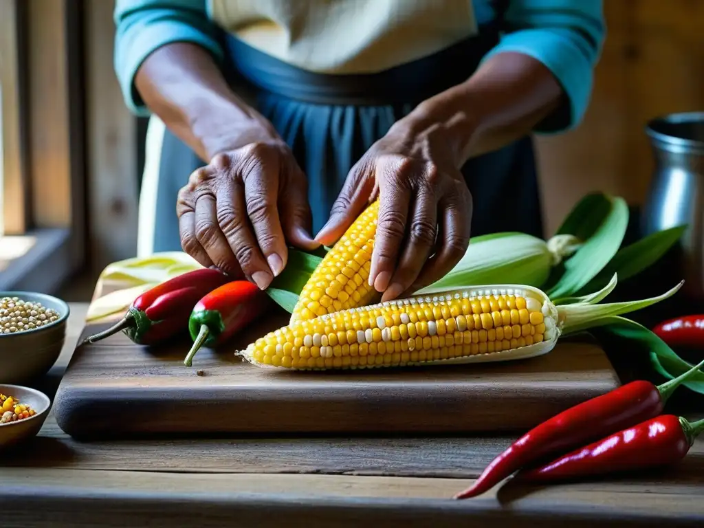 Manos anciana indígena preparan alimentos tradicionales, revitalización dietas históricas sostenibilidad global