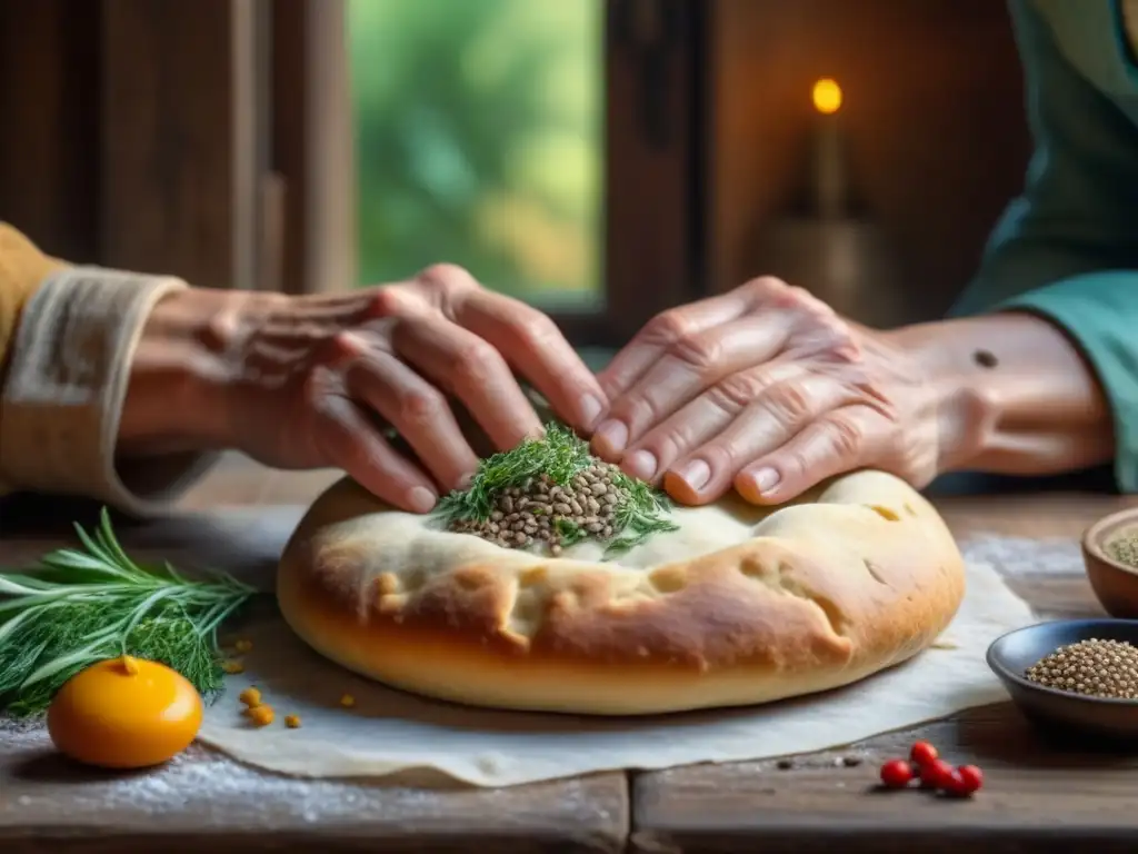 Manos de anciana amasando masa en mesa rústica con ingredientes coloridos