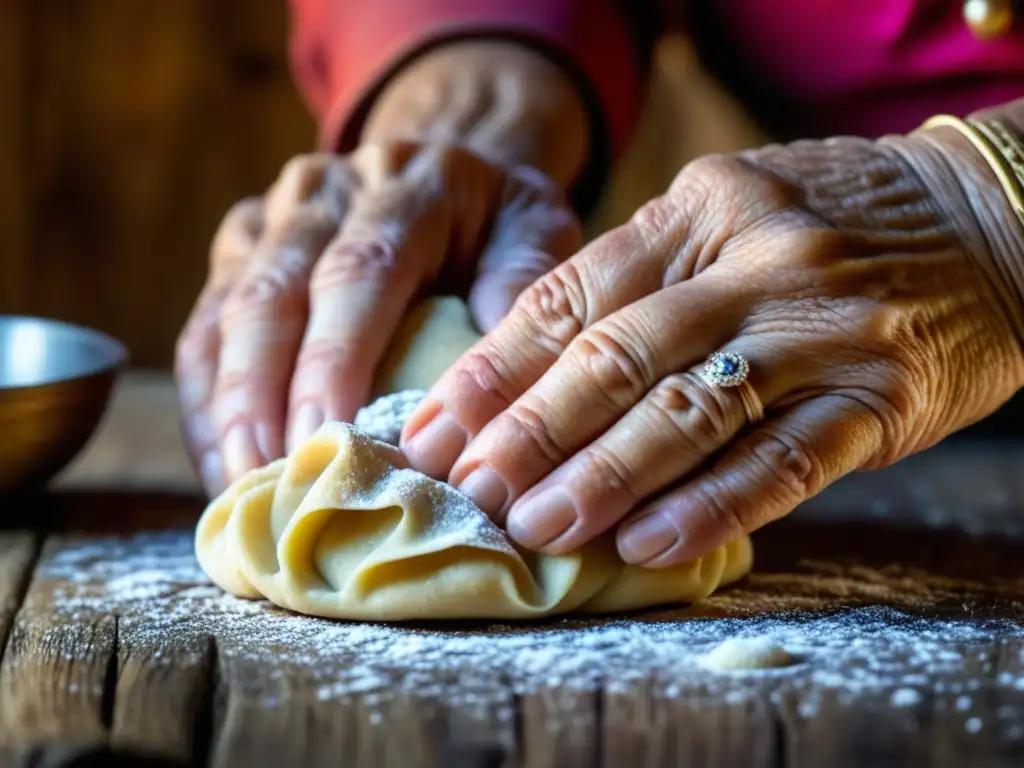 Manos de anciana amasando masa en mesa rústica, detalles de harina en dedos y joyas sudamericanas