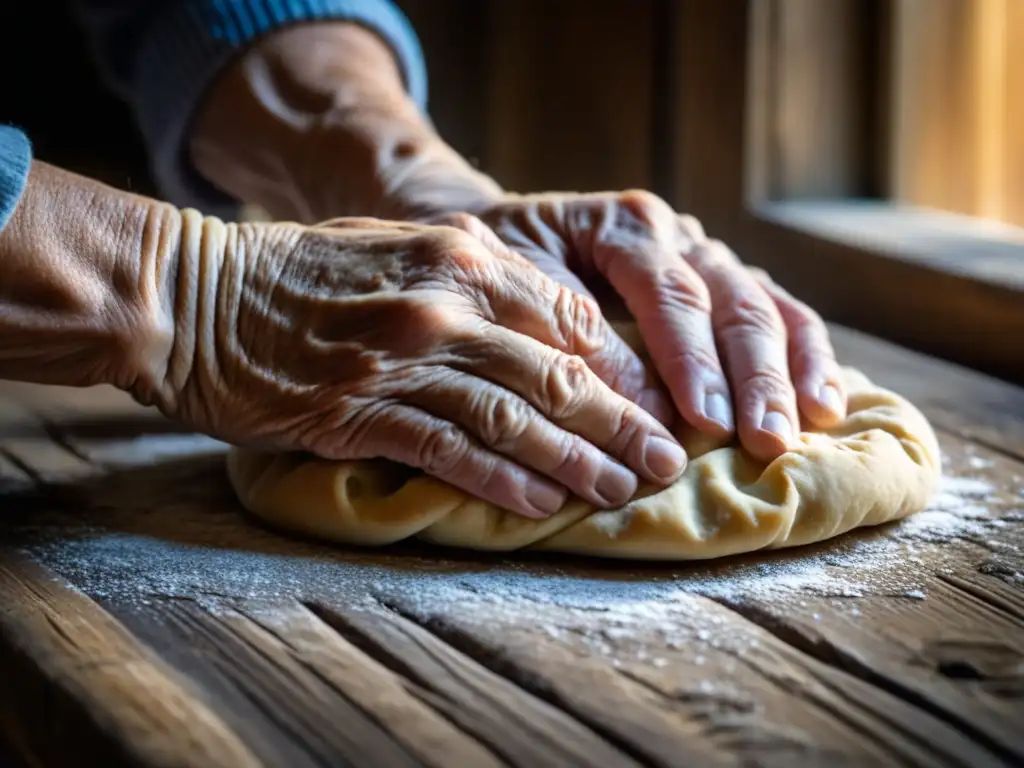 Manos anciana amasan masa en mesa rústica, con textura y detalle