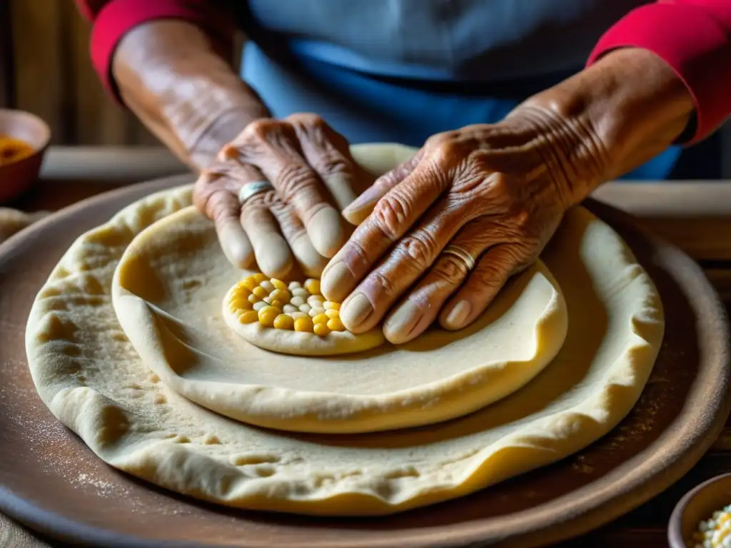 Las manos de una anciana moldean masa de maíz para tortillas, en una cocina rústica