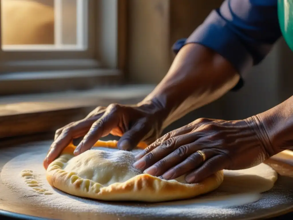 Las manos de una anciana mujer negra amasando masa para vetkoek sudafricano, con luz dorada y harina en la cocina como resistencia en Apartheid