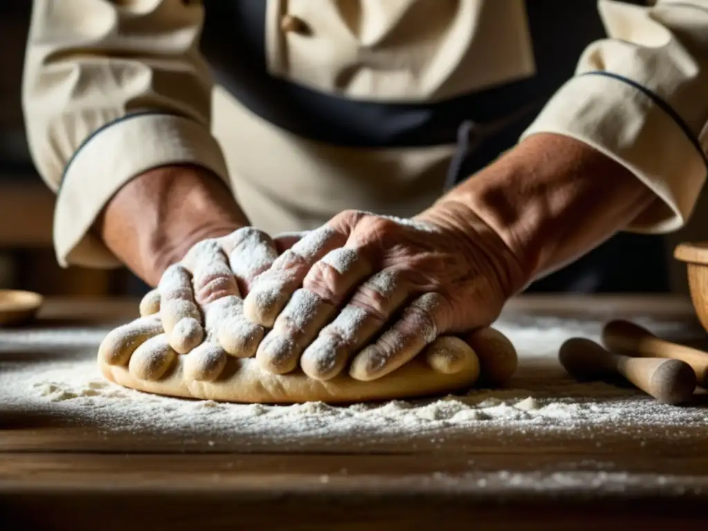 Manos ancianas amasan con amor una masa tradicional en cocina rústica con gadgets