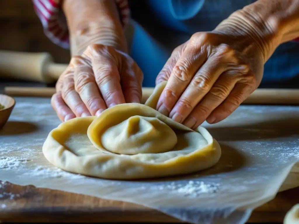 Arte ancestral: manos expertas preparando deliciosos dumplings Unas manos ancianas enrollan con cuidado la masa para dumplings en una cocina rústica de Europa del Este, evocando tradición y evolución culinaria