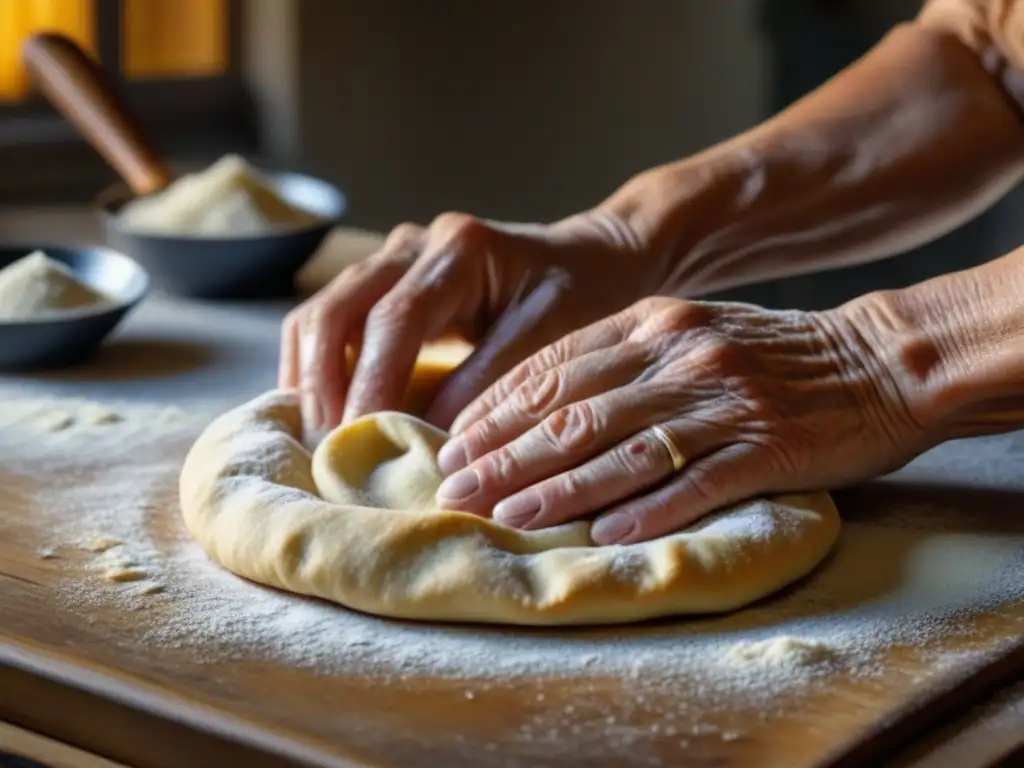 Manos ancianas amasando masa con delicadeza, bañadas en luz dorada