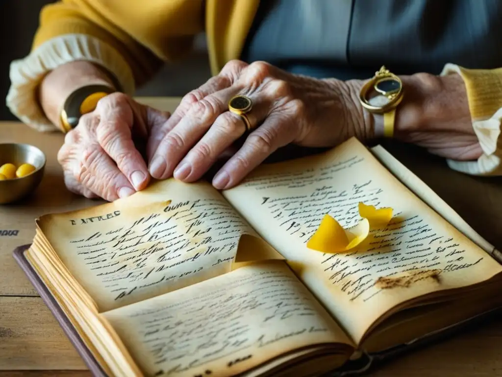 Las manos ancianas de una mujer sostienen un libro de recetas antiguo, evocando la Alimentación histórica y cultural detallada