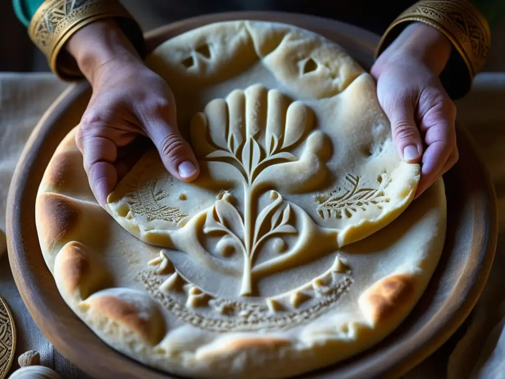 Manos ancianas amasan con sabiduría el pan sagrado Bizancio, en un ritual milenario de recetas históricas