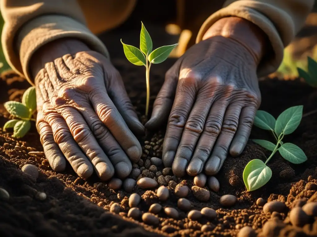 Manos ancianas siembran semillas en suelo fértil, conectando con la tierra y la historia del cultivo orgánico