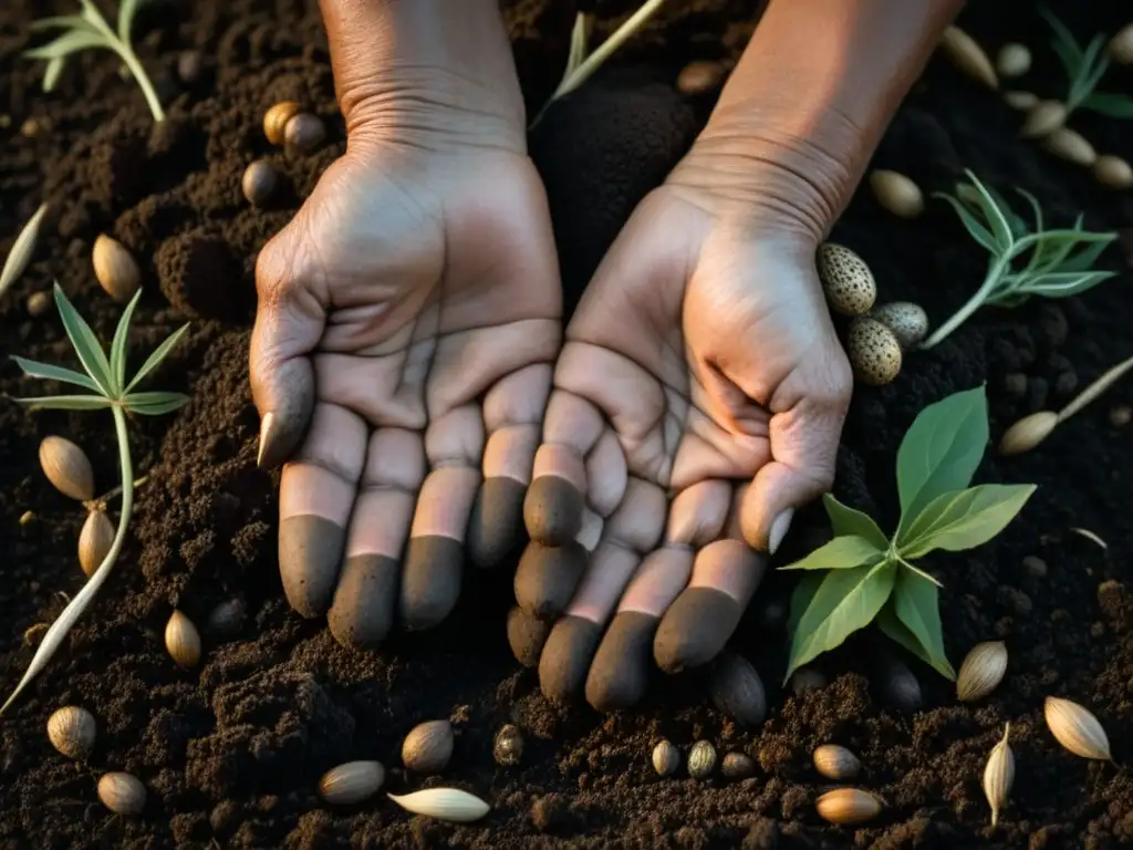 Manos ancianas plantando semillas en tierra oscura, con sabiduría ancestral en cultivo orgánico