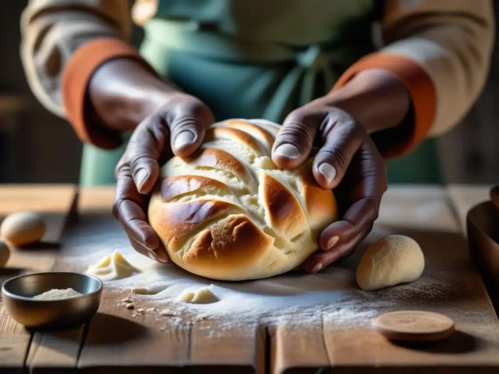 Unas manos ancianas sudafricanas amasan masa en una superficie de madera con harina, simbolizando sabores clandestinos Apartheid Sudáfrica