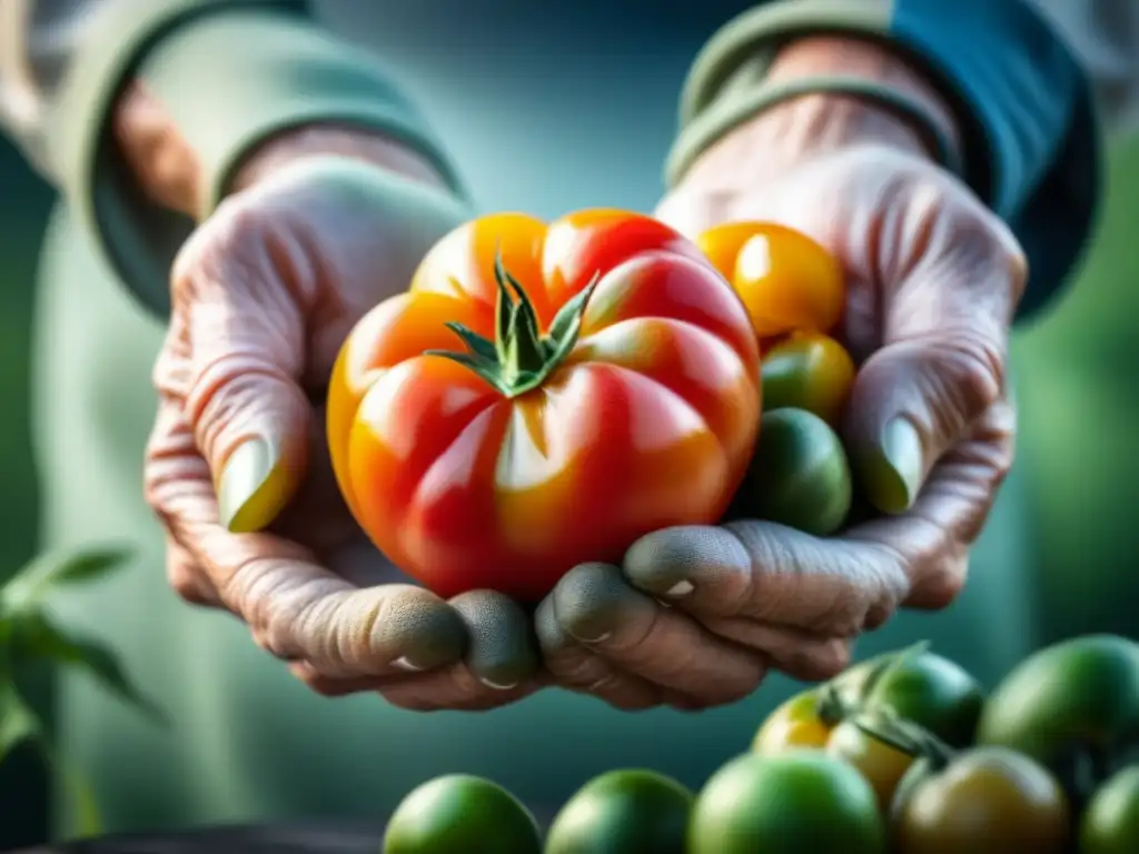 Manos ancianas pelando tomate durante la Gran Depresión, reflejando la belleza de la cocina sostenible