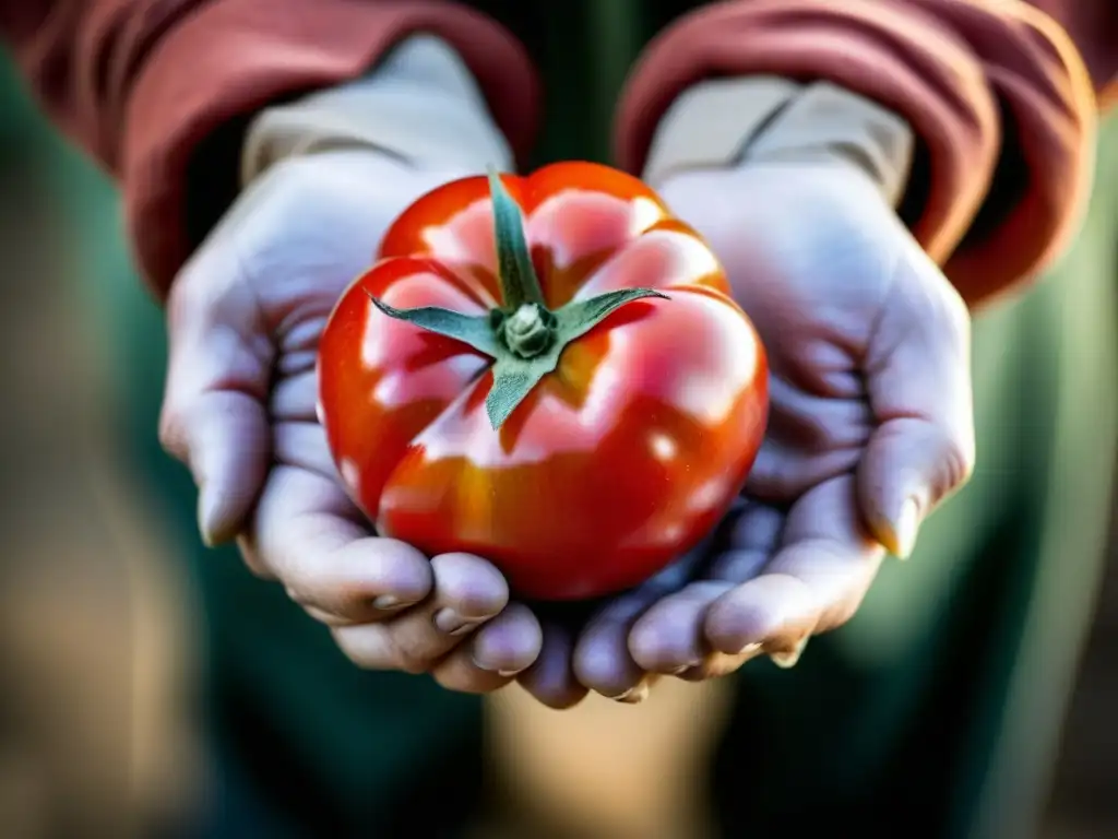 Manos ancianas sostienen tomate orgánico, contando historia de productos orgánicos y culturas