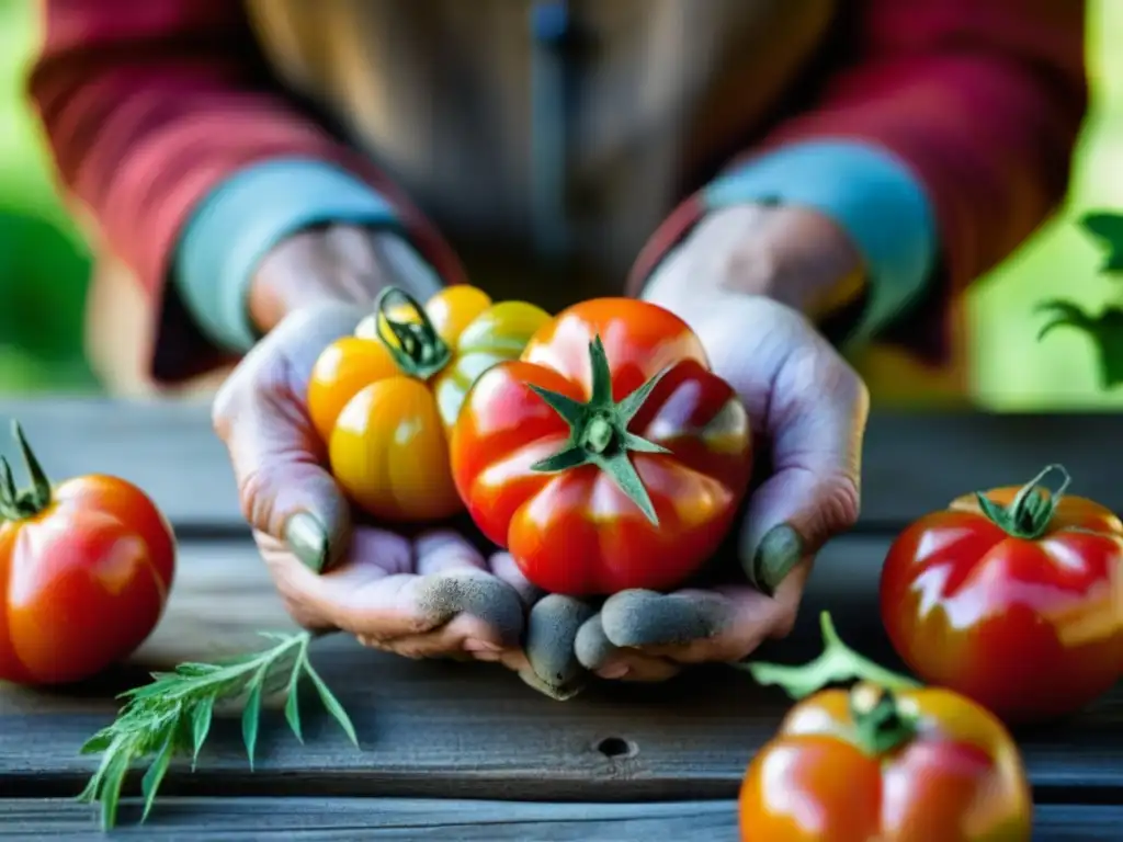 Manos ancianas sosteniendo tomates antiguos en mesa de madera, conectando cocina sustentable con recetas históricas de alimentos