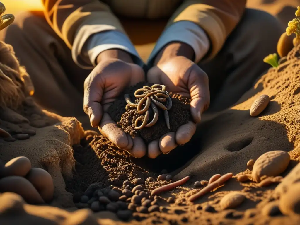 Las manos del anciano agricultor egipcio sostienen la tierra fértil, mostrando la red de raíces y vida microscópica