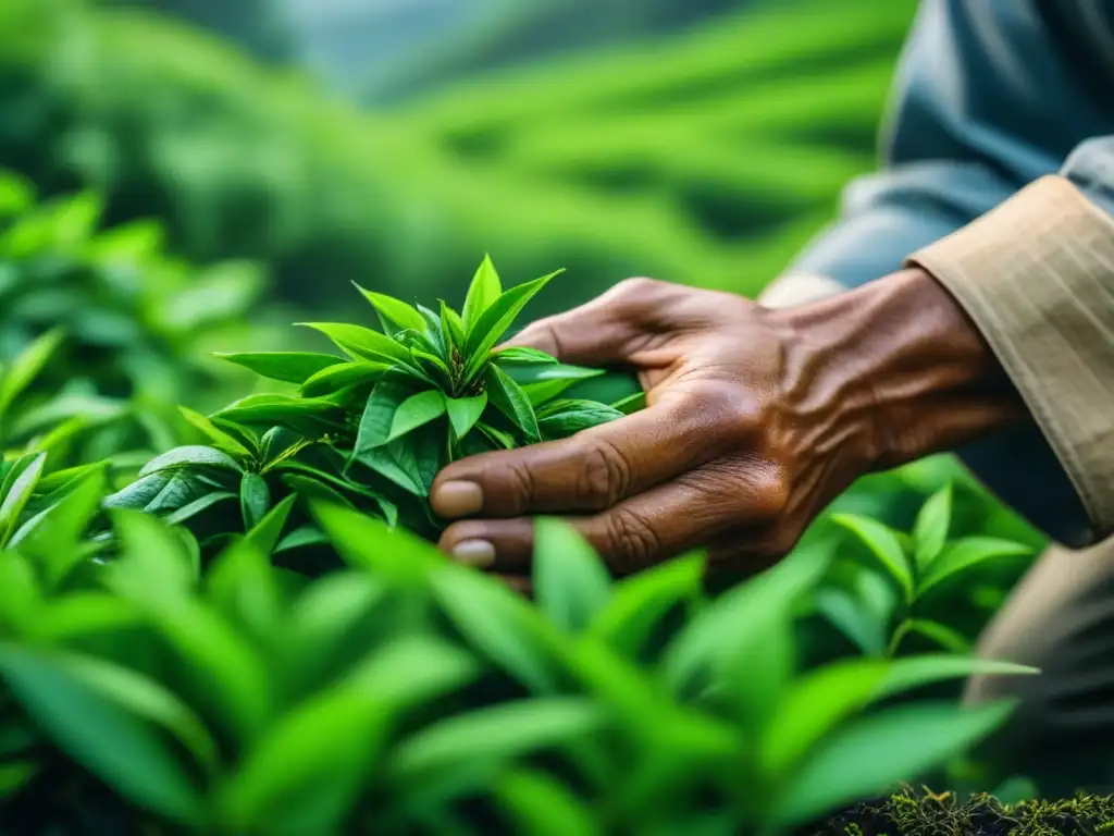 Manos de anciano recolectando hojas verdes de té en plantación