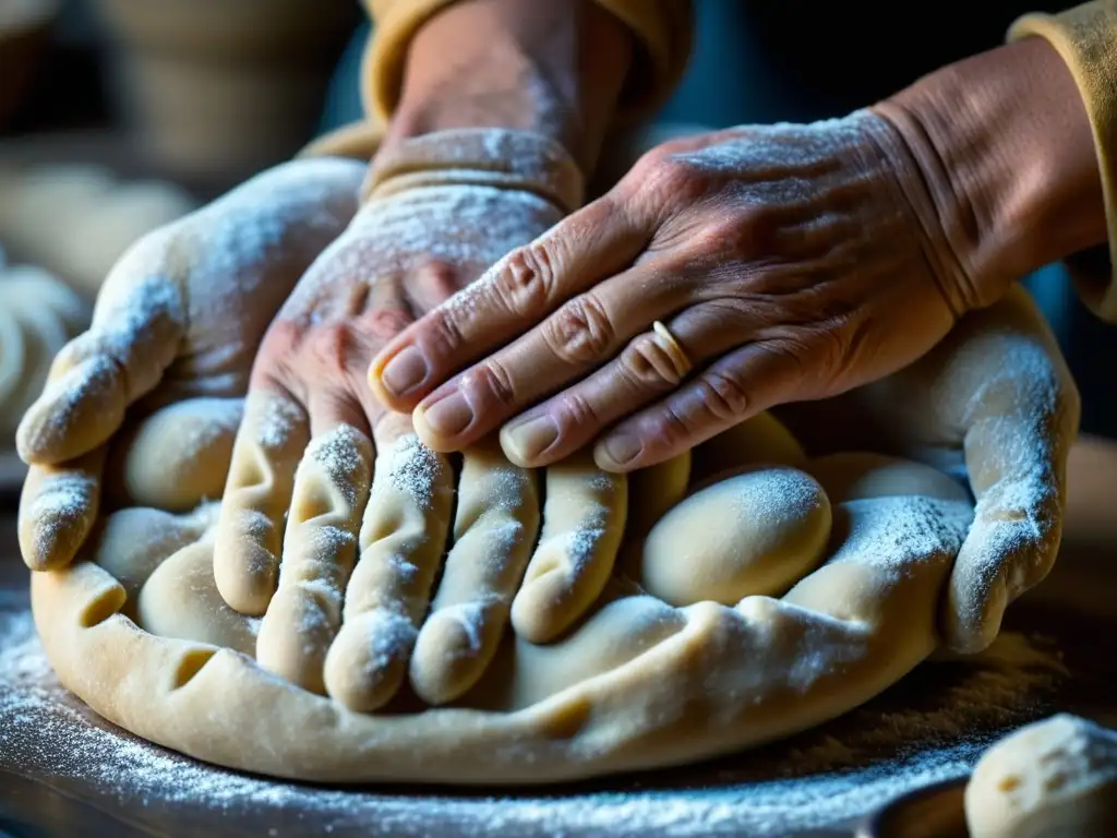 Manos antiguas amasando masa, destacando la importancia cultural del pan histórico