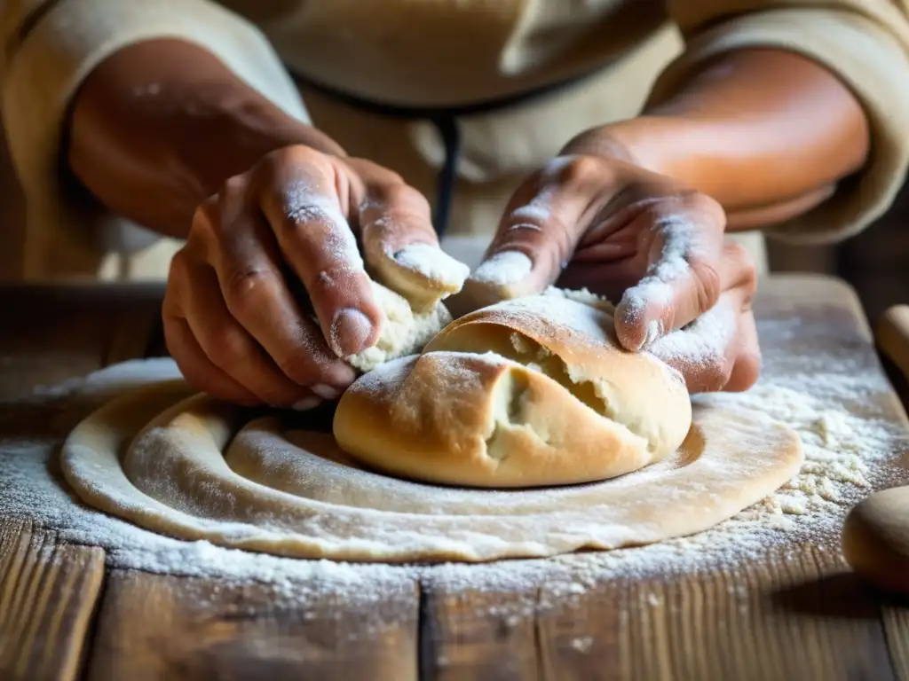 Manos antiguas amasando masa en mesa de madera rústica, evocando el intercambio de cultivos históricos en la Ruta de la Seda