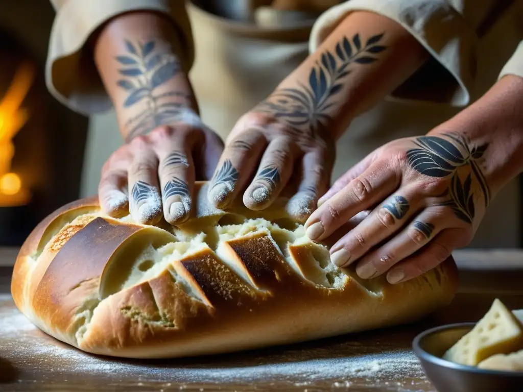 Unas manos antiguas moldeando masa de pan en una cocina rústica, mostrando la historia y artesanía de hacer pan