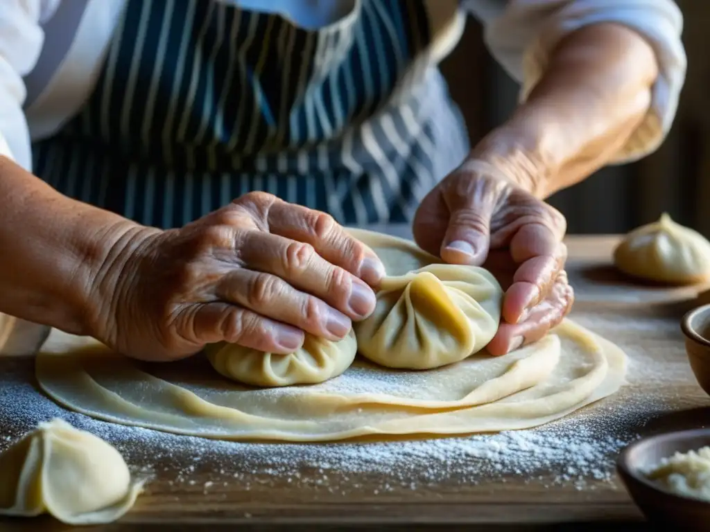 Manos arrugadas de anciana amasando masa para dumplings tradicionales de Europa del Este con delicadeza