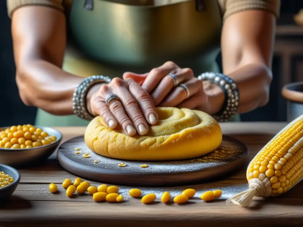 Las manos arrugadas de un anciano amasan masa de maíz en una mesa rústica, resaltando la importancia cultural del pan de maíz