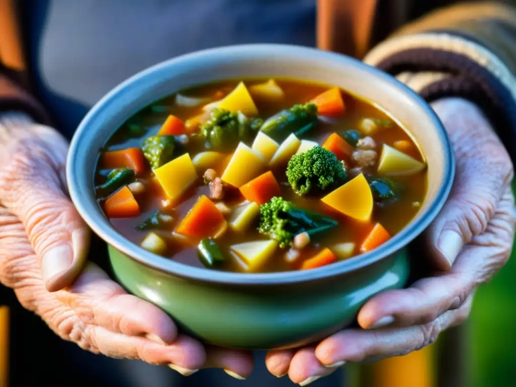 Manos arrugadas de anciano sosteniendo sopas comunitarias historia cultural con calidez y resiliencia