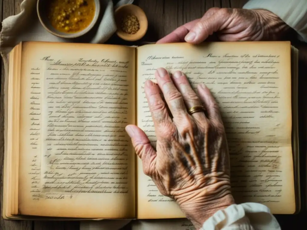 Manos arrugadas sostienen un antiguo recetario abierto con recetas históricas en tinta desgastada