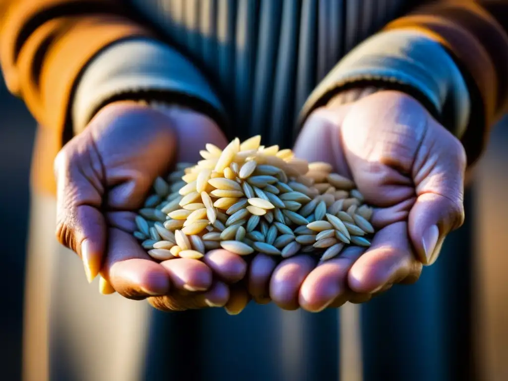 Manos arrugadas sosteniendo arroz: historia de resiliencia Manos arrugadas sostienen granos de arroz, simbolizando estrategias de supervivencia alimentaria en la hambruna