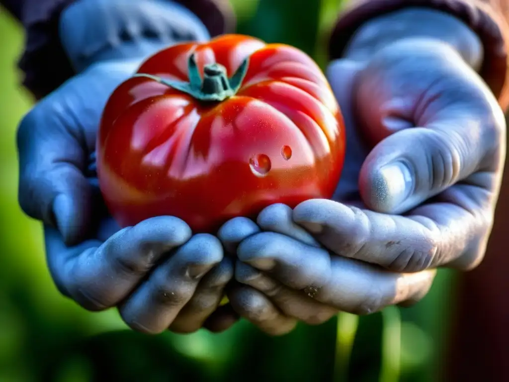 Unas manos arrugadas y una jugosa tomate rojo, evocando la conservación de alimentos en la historia