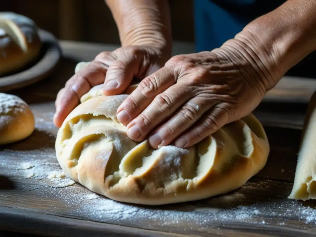 Manos arrugadas amasan masa en mesa de madera desgastada, evocando recetas populares Gran Depresión