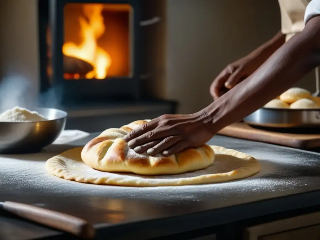 Manos arrugadas amasan masa para vetkoek en cocina vintage, evocando platos icónicos época Apartheid