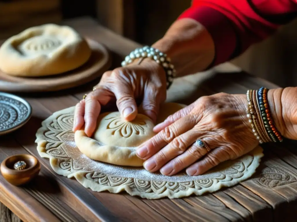 Manos arrugadas de mujer anciana amasando masa casera en mesa rústica con joyas culturales detalladas