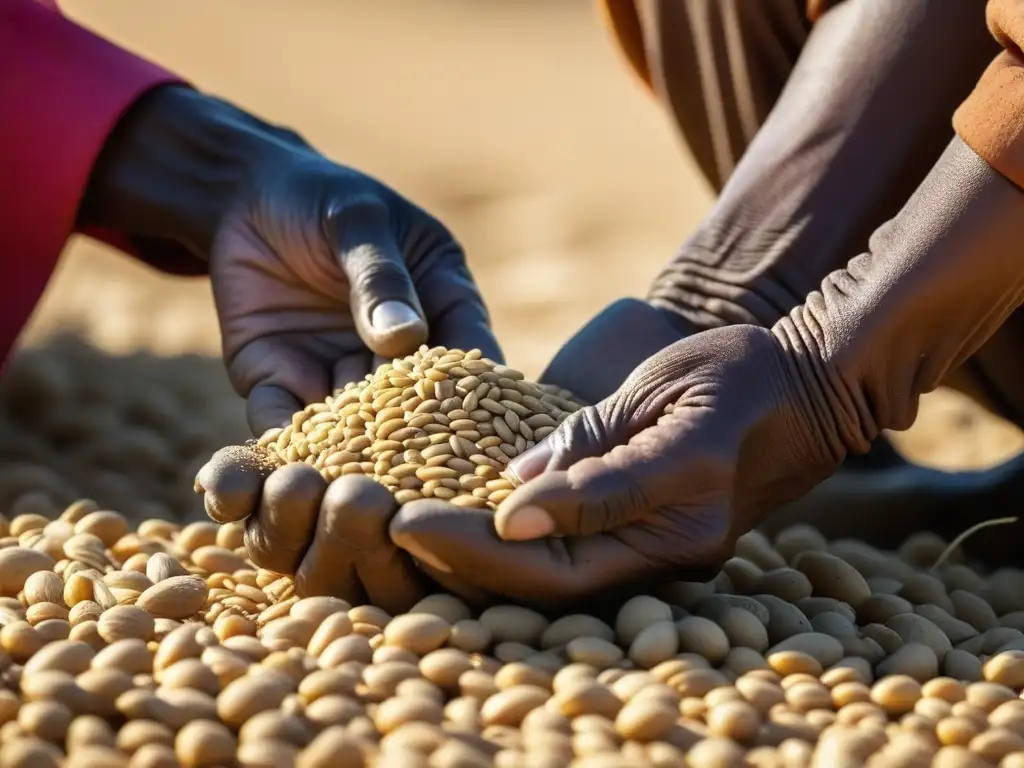 Manos arrugadas de mujer plantando semillas de arroz en tierra saheliana