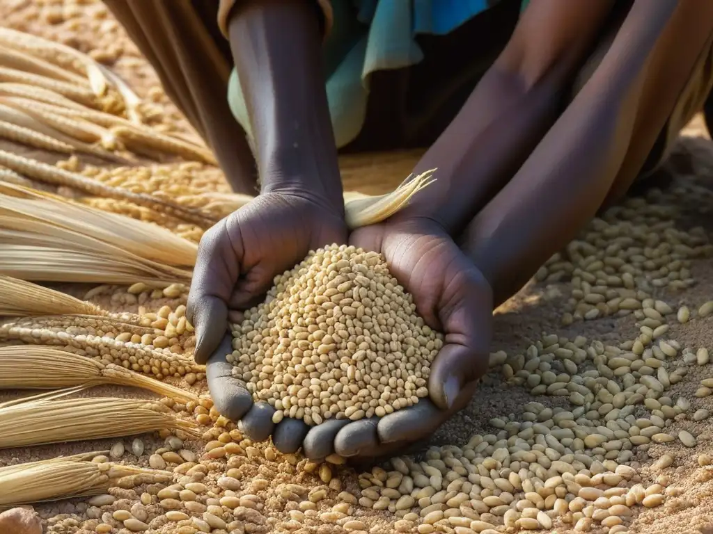 Manos arrugadas plantando mijo en suelo saheliano, muestra prácticas agrícolas cocina saheliana