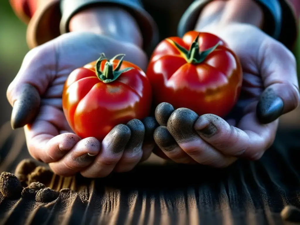 Manos arrugadas y tomate fresco: conexión con la tierra Manos arrugadas sostienen tomate rojo recién cosechado, mostrando conexión con la tierra