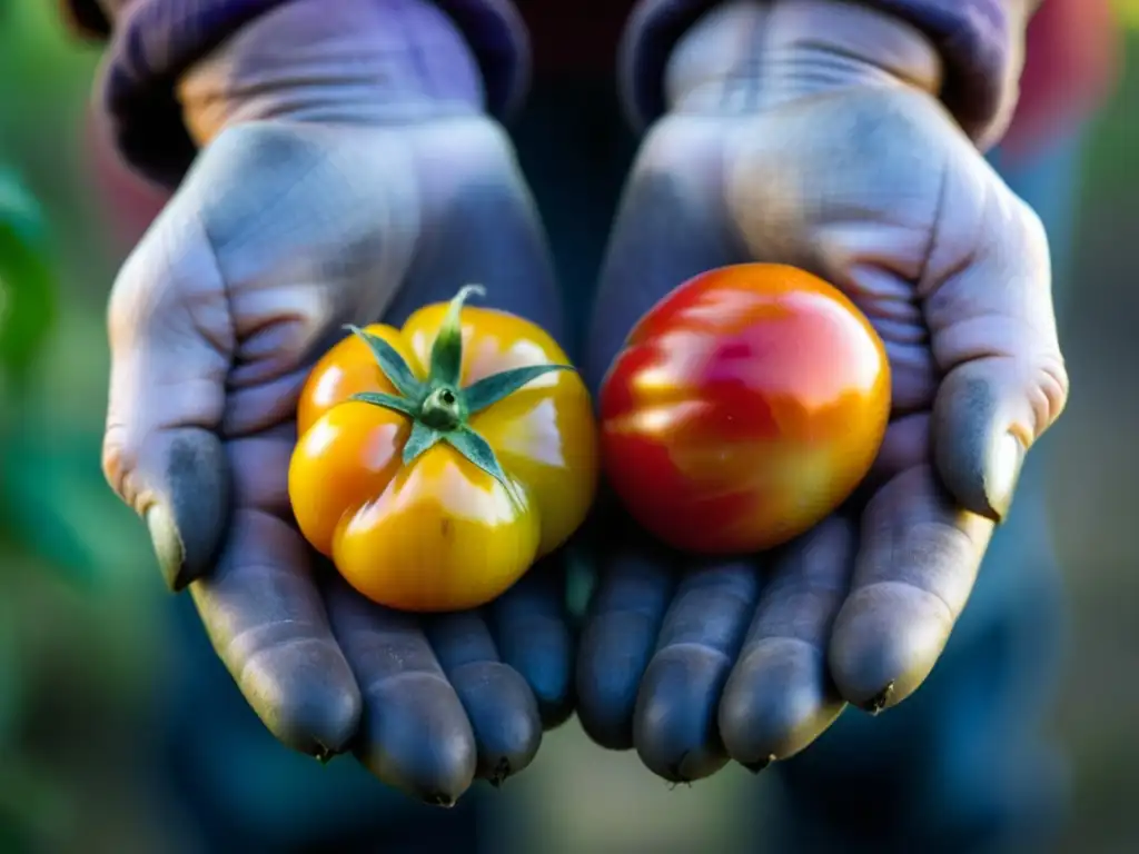 Unas manos arrugadas sostienen tomates heredados, en un simbolismo de cocina sustentable y recetas históricas alimentos