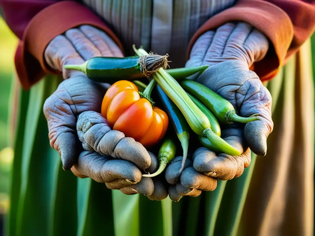 Manos arrugadas cuidadosamente sostienen vegetales coloridos, conectando con recetas históricas cultura épocas contexto