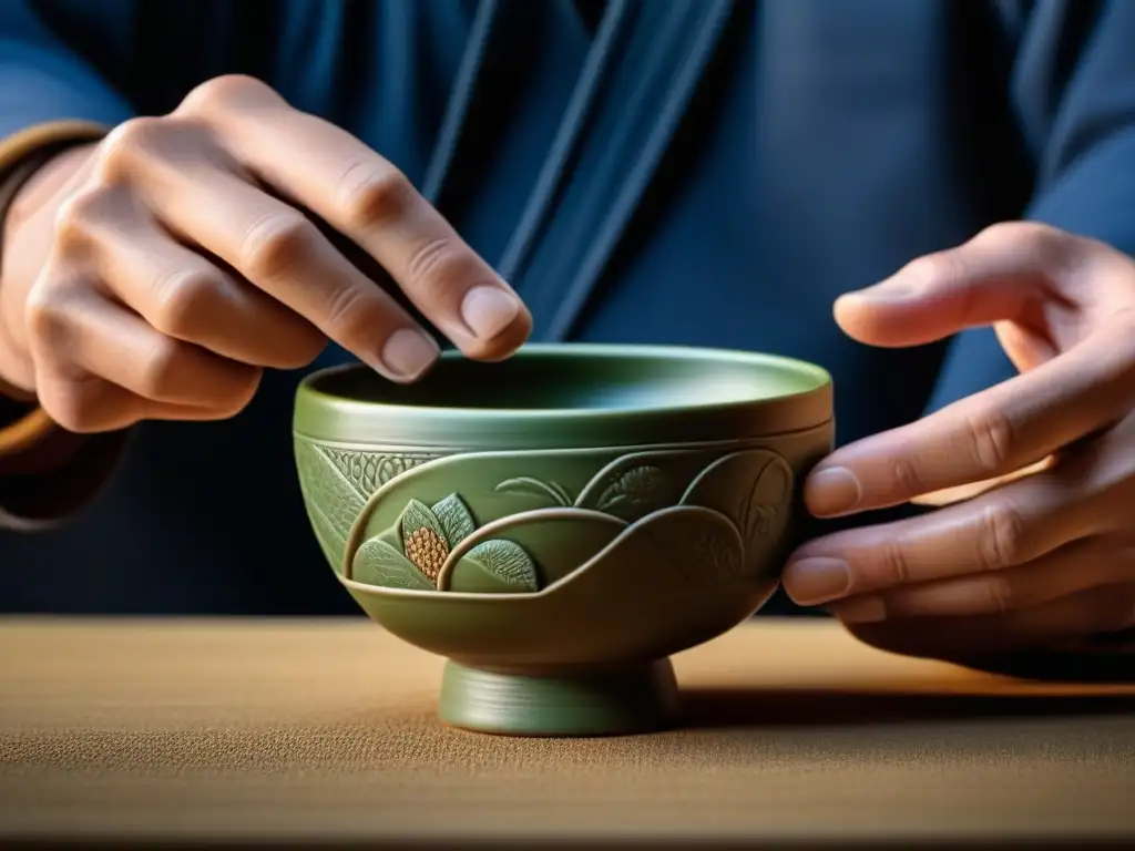 Las manos de un artesano moldean con destreza un cuenco de té japonés, resaltando la importancia cultural de la cerámica en las ceremonias del té