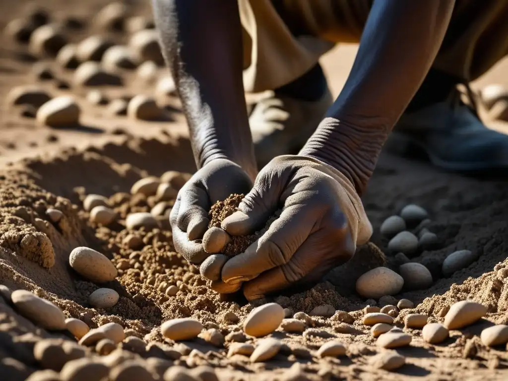 Manos ásperas de un campesino saheliano siembran semillas en suelo reseco bajo el sol abrasador, mostrando prácticas agrícolas cocina saheliana