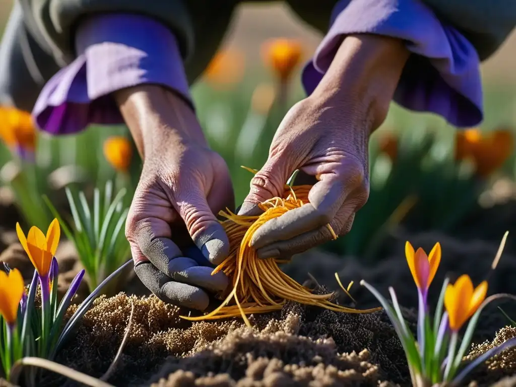 Manos cosechando azafrán en campo soleado de Cachemira, India