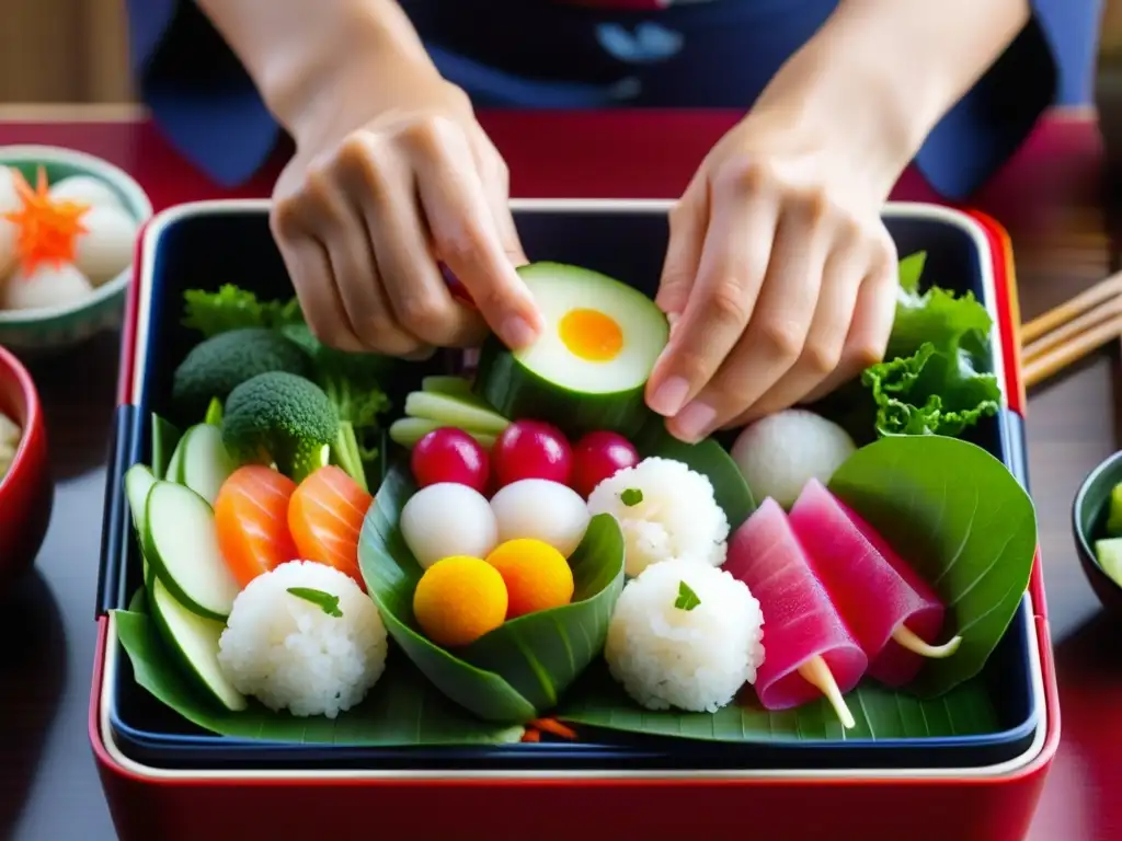 Manos preparando un bento japonés con ingredientes coloridos y nutritivos