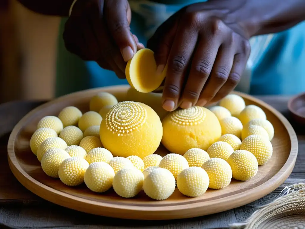 Manos moldeando bolas de harina de maíz con patrones en la dieta en townships durante Apartheid