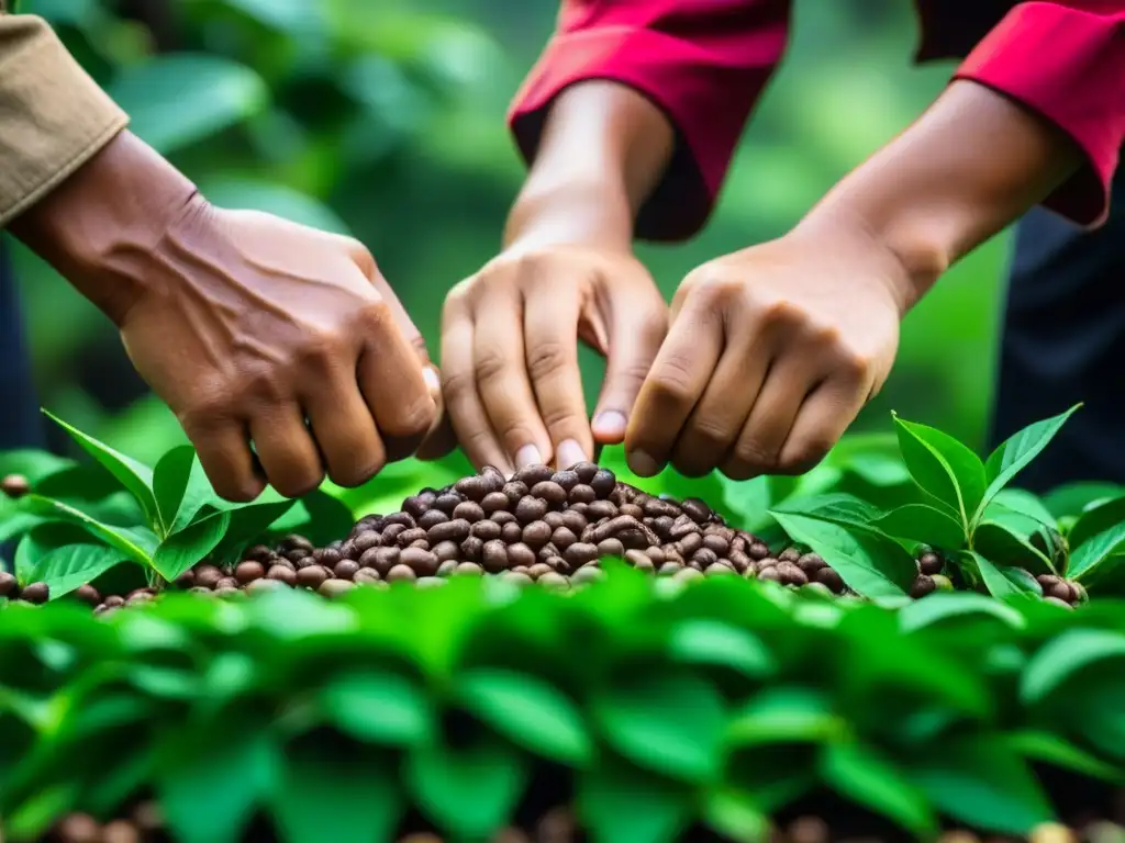 Manos de caficultores vietnamitas seleccionando granos de café, entre árboles verdes