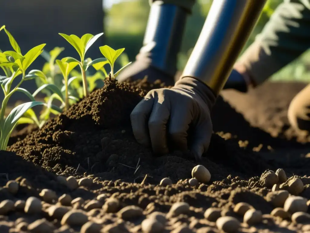 Manos calladas tilling en jardín de guerra de las Guerras Napoleónicas, destacando la autonomía alimentaria