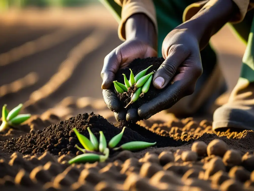 Manos de campesino plantando semillas de okra bajo el sol del Sahel, reflejando las prácticas agrícolas cocina Saheliana