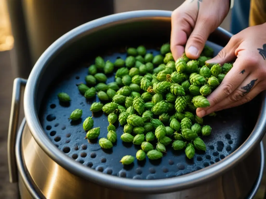 Las manos del cervecero experto vertiendo lúpulo en el caldero, mostrando la historia de la cerveza artesanal