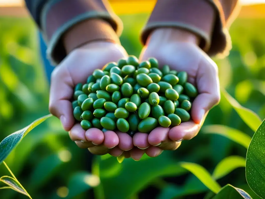 Manos acunan cesta de soja recién cosechada en campo verde al atardecer, resaltando beneficios del tempeh en recetas históricas